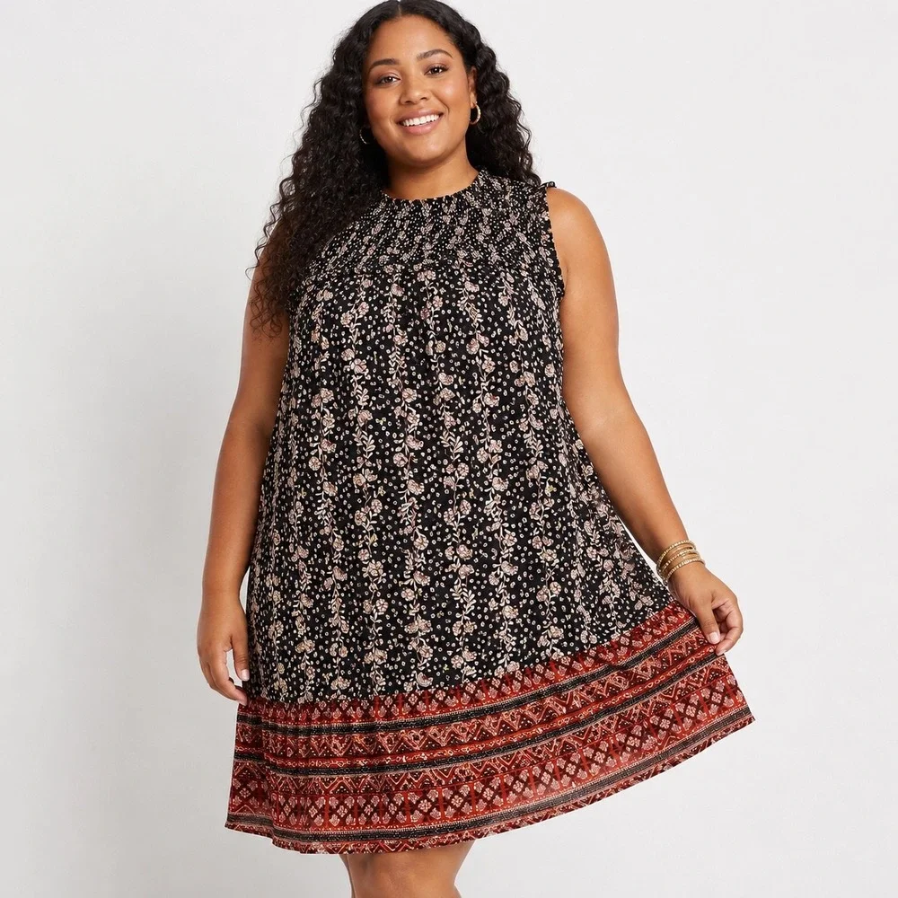 MAURICES Metallic Floral Smocked Neck Shift Dress Size 2X Black Boho Cottagecore